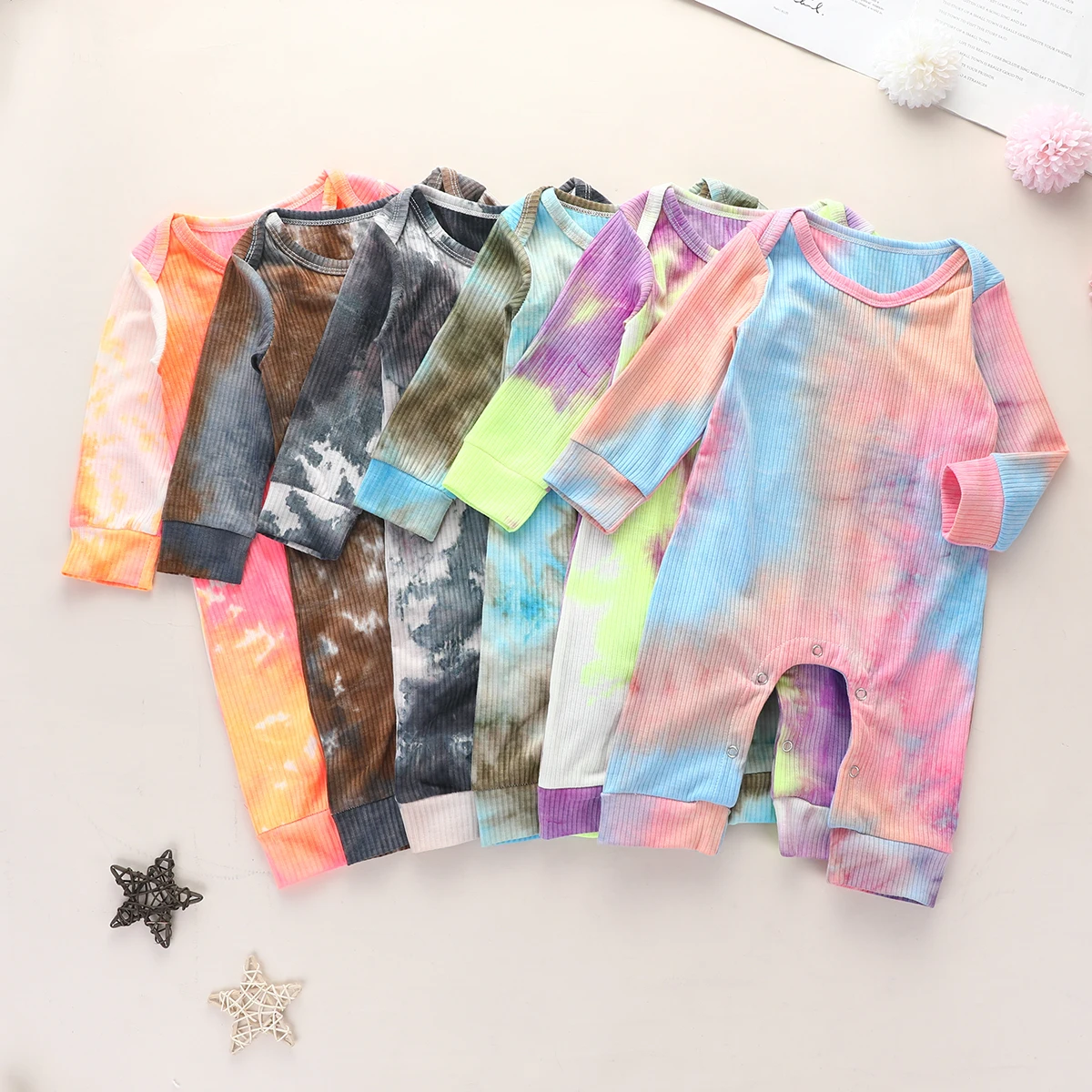 

0-24M Newborn Infants Baby Girls Boys Romper Tie Dye Print Long Sleeves Ribbed Jumpsuit Autumn Spring Baby Soft Cotton Clothes