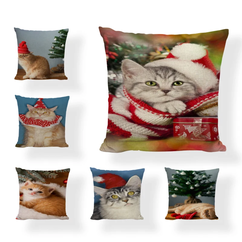 Рождественская Акварельная наволочка с изображением кота льняная Подушка