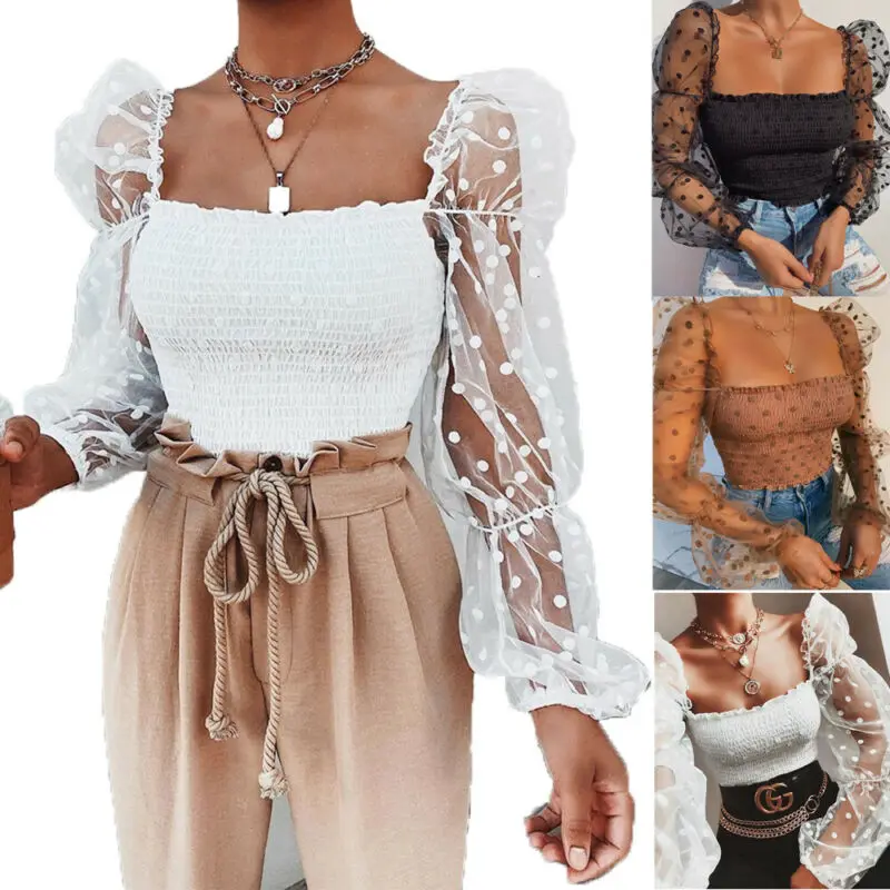 

Sexy Women Lace Blouse Elastic Short Top Shirt Transparent Lace Puff Sleeve Square Net /BY