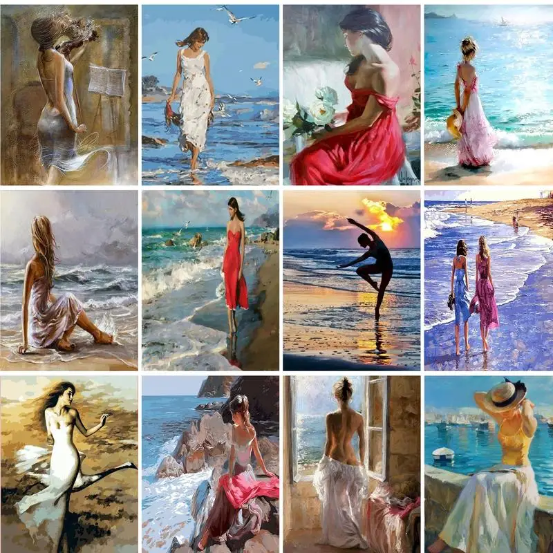 Frame Seaside Girl DIY Painting By Numbers Figure Acrylic Paint By Numbers Modern Wall Art Picture For Home Decors 40x50