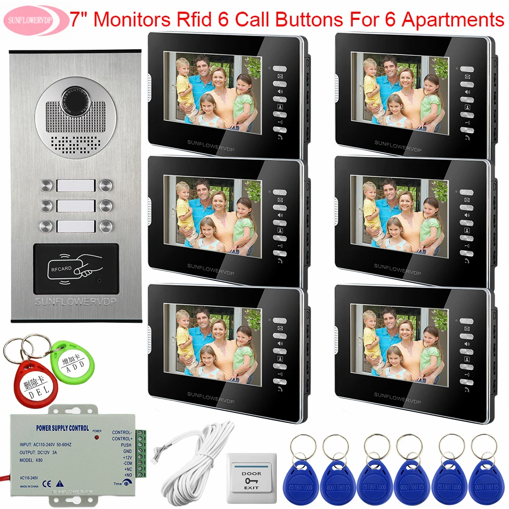 7 "Video Deurbel Met Monitoren Video Intercom Voor 6 Appartementen Toegangscontrole Video Deurtelefoon Wit/Zwarte Monitor voor Kiezen