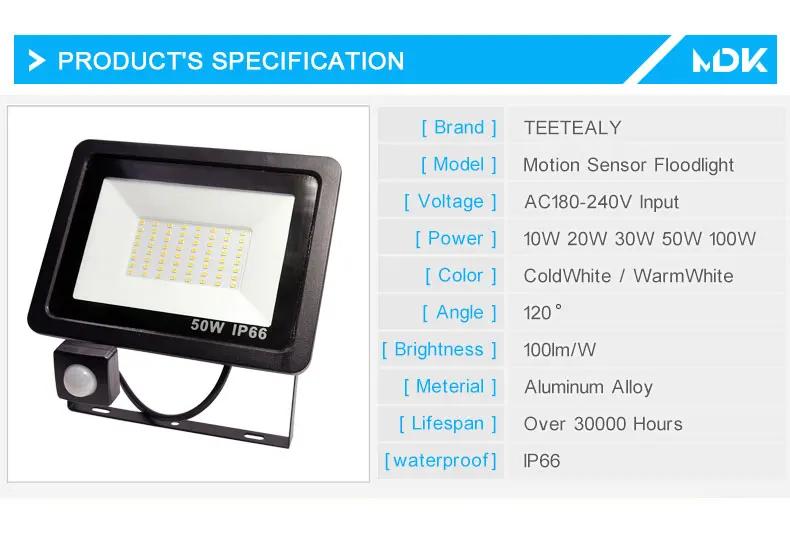 10W 20W 30W 50W 100W Светодиодный прожектор светильник с регулируемой PIR Сенсор SMD 2835 потолочные светильник уличный светильник ing для улицы, площади