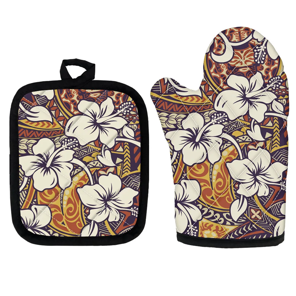

Тропический Гибискус Цветок с принтом Tapa Племенной татуировки кухонные микроволновые перчатки термостойкая подставка приспособления для ...