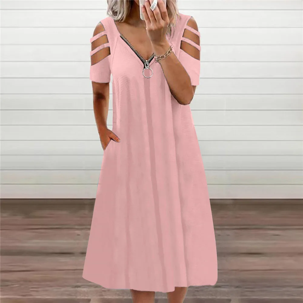 

2021 European American Style Summer New Sexy Fashion Solid Color V-neck Zipper Strapless Summer Oversize Women's Dress