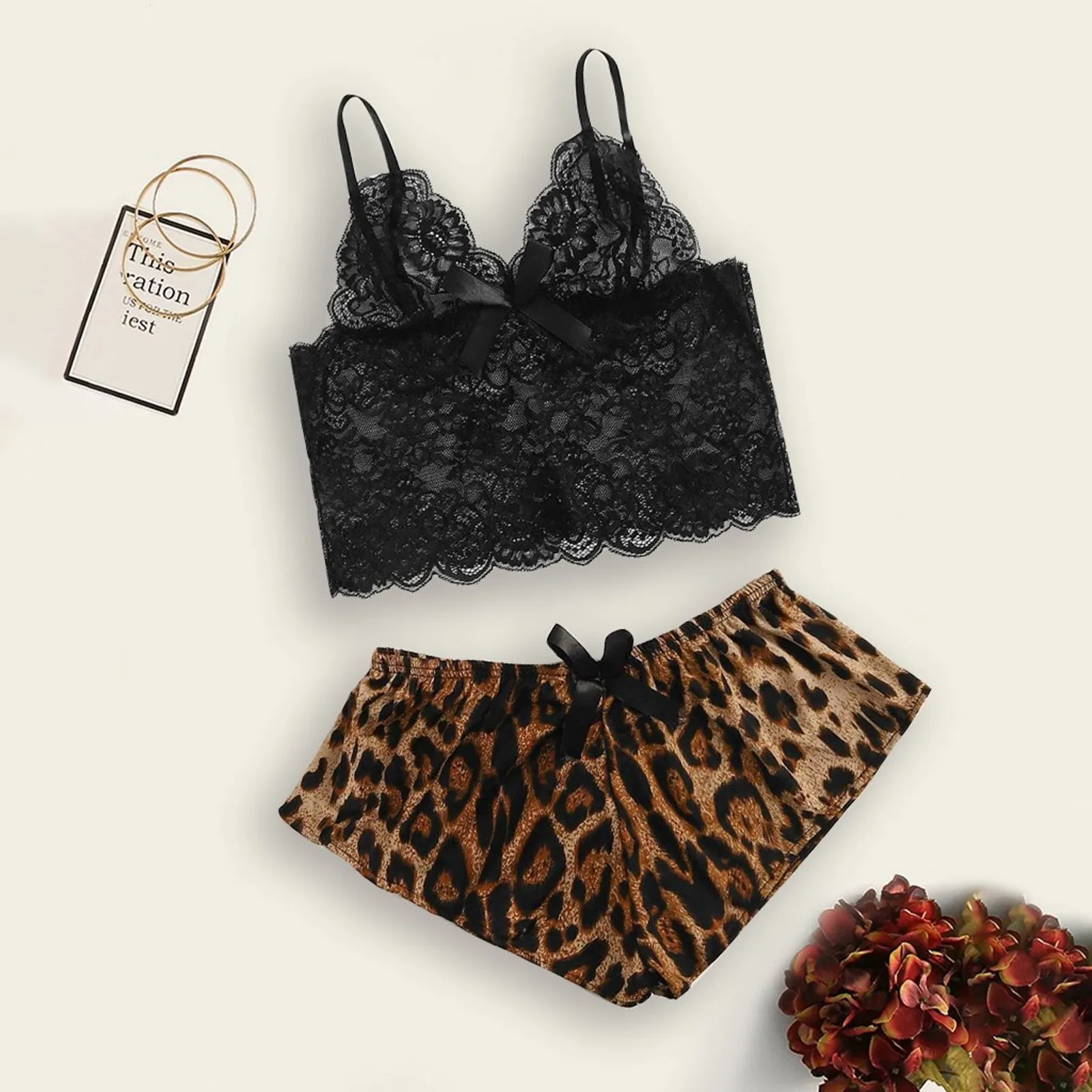 

New Sexy Ladies Leopard Print Lace Pajamas Shorts Set Silk Camisole Bowknot Shorts Underwear Nightwear lingerie femme A70
