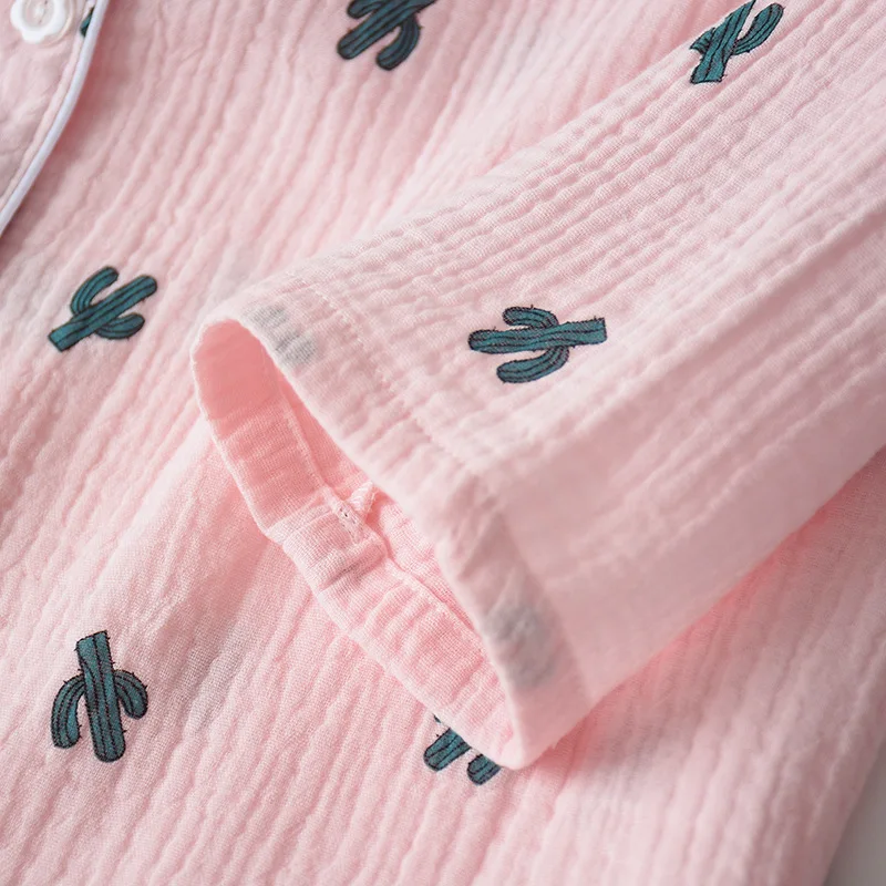 Осенняя женская пижама из крепа и хлопка с принтом кактуса брюки длинным рукавом