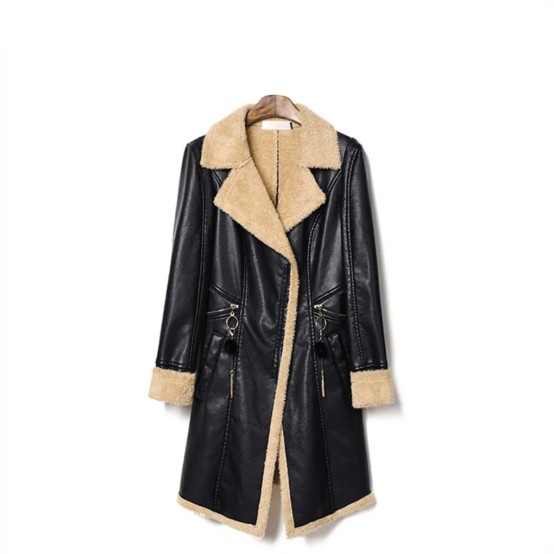 Женское длинное пальто из искусственной кожи теплое замшевое овечьей шерсти