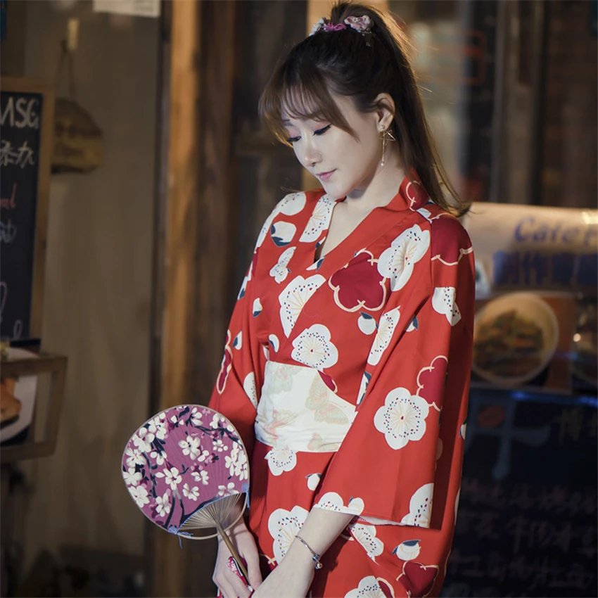Japanese Traditional Kimono Yukata for Woman Sexy Floral Printed Evening Party Dress Obi Photography Elegant Sakura Cosplay