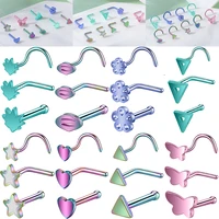 aoedej 20g colorful nose studs pink purple nostril piercing jewelry flower heart nose stud stainless steel body piercing jewelry
