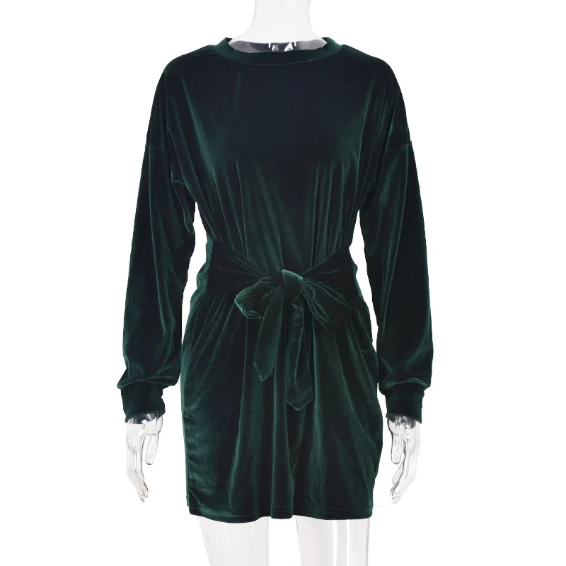 

Women's Clothing 2021 Autumn Solid Color Pullover Round Neck Loose Belt Plus Velvet Long Sleeve Casual Warm Fashion Dress