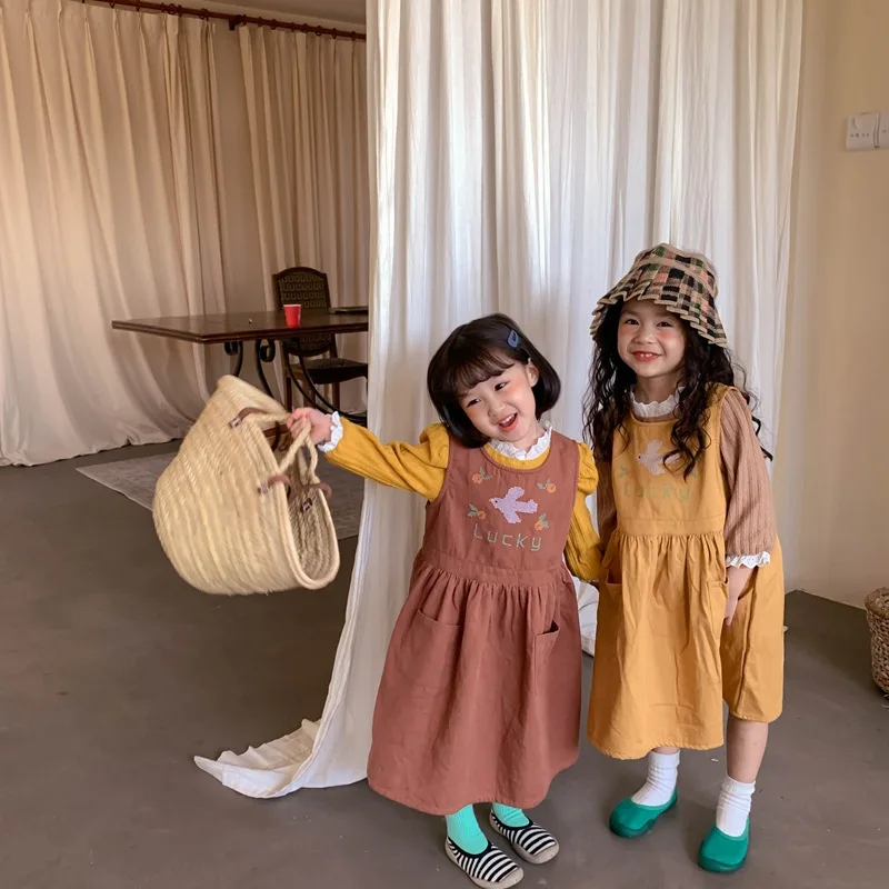 

Children's Vest Dress Autumn 2021 New Girl's Simple Solid Color Cute Embroidered Flower Vest Dress Kids Dresses for Girls