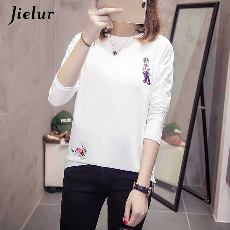 Jielur осень мультфильм вышивка футболка с длинным рукавом для женщин Белый Черный