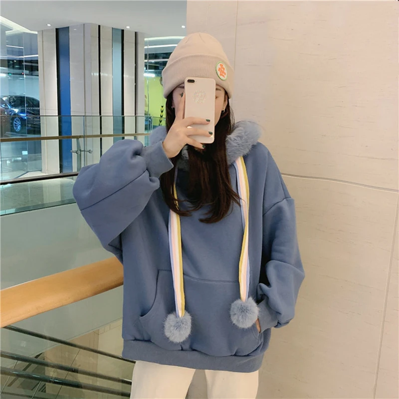 

Lucyever Sweet Fluffy Plush Women Hoodies 2020 Autumn Winter Warm Thicken Plush Hooded Pink Sweatshirt Womens Casual Loose Hoody