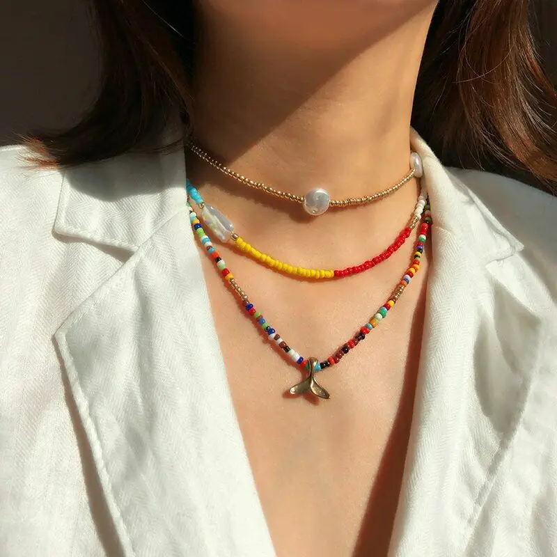 

Popular Fishtail Pendant Necklace New Multi-layer Choker Colorful Beads Boho Women Gift