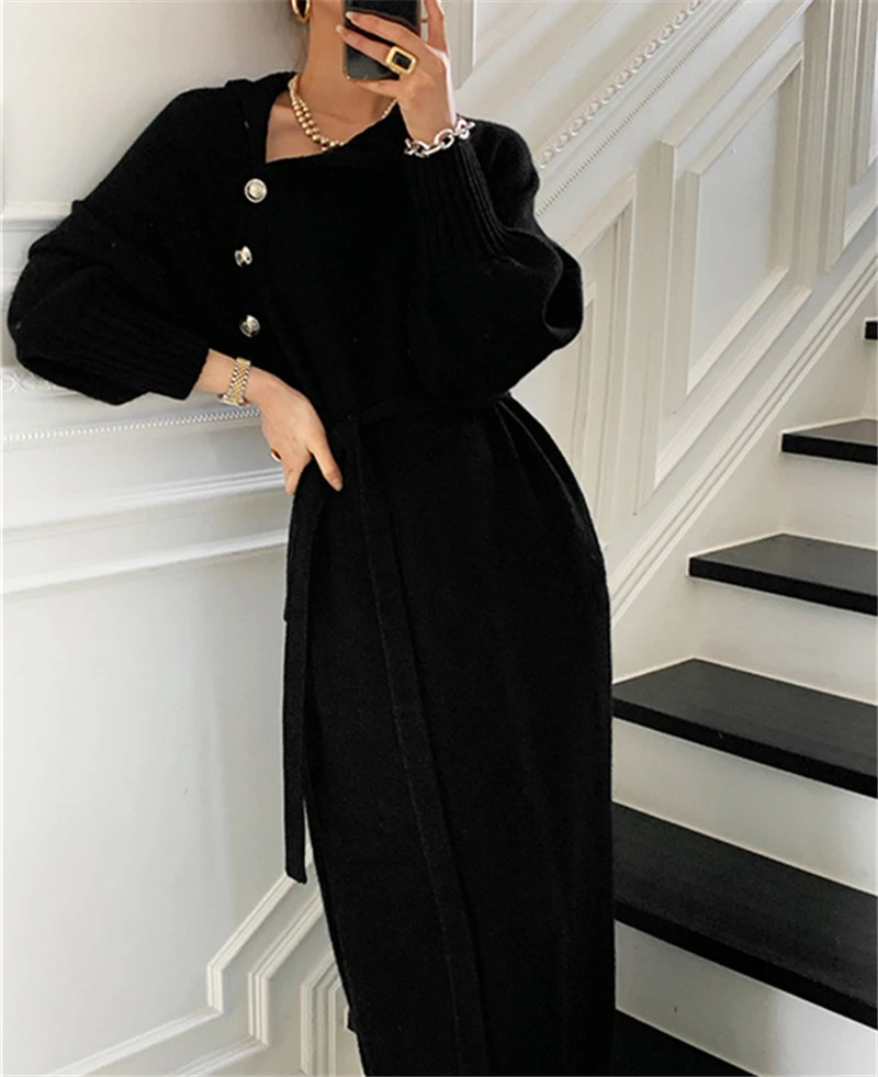 

FAKUNTN Autumn Winter Women Knitted Dress Turtleneck Buttons Full Sleeve Korean Dresses Warm Long Sweater Vestidos Female