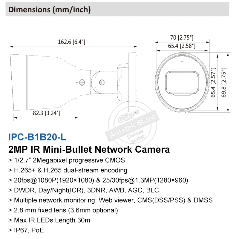 Dahua EZ IP камера IPC B1B20 L 2MP Смарт ИК Мини пуля сетевая IP67 Водонепроницаемый POE H.265 + 16x