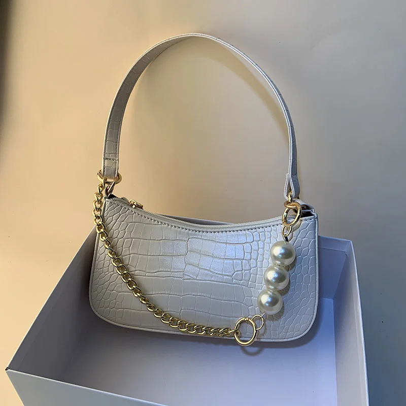 

Crocodile Pattern Pearl Chain Underarm Bag For 2021 New Women's Brand Leather Shoulder Bags Female Handbag Bolso Bandolera Mujer