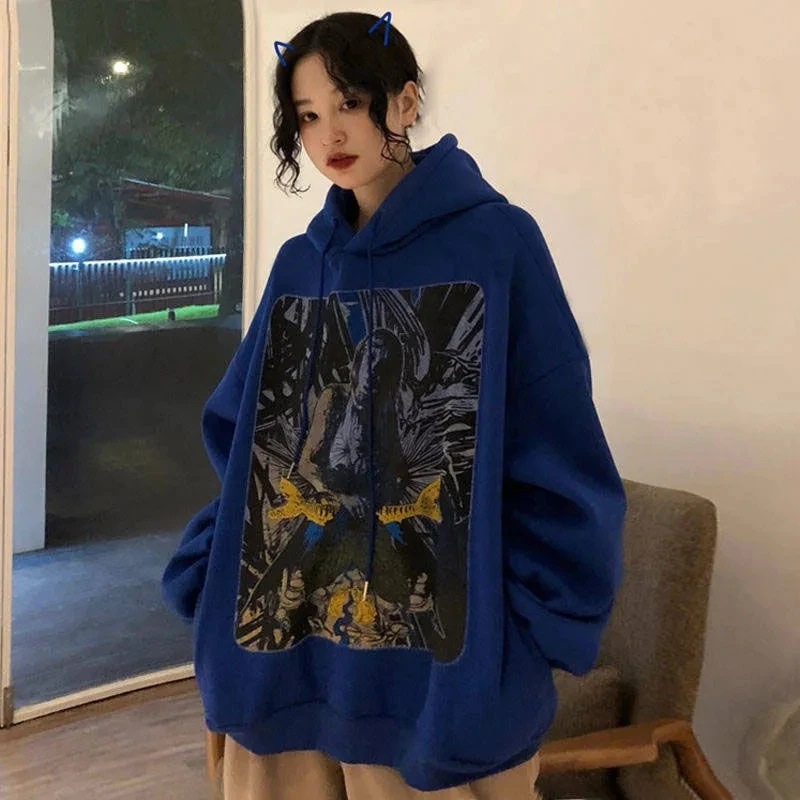 

Winter women long-sleeved hedging sweater Korean Large size loose graffiti painted print velvet hoodie harajuku clothes top lime
