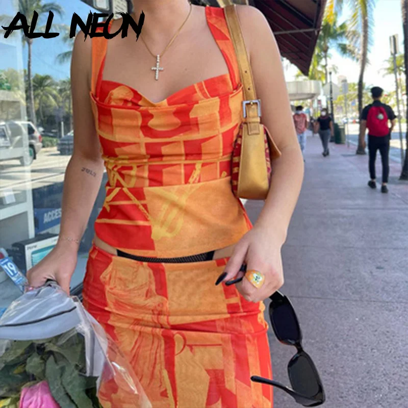 

ALLNeon Y2K Streetwear Printing Orange Co-ord Sets Vintage 2000s Cowl-neck Cami Tops and High Waist Slit Midi Skirt 2 Piece Suit