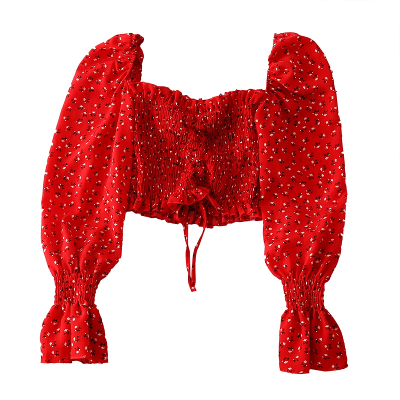 

floral chiffon women blouse summer new square collar puff sleeved ruffles drawstring short high waist lady elegant pulls tops