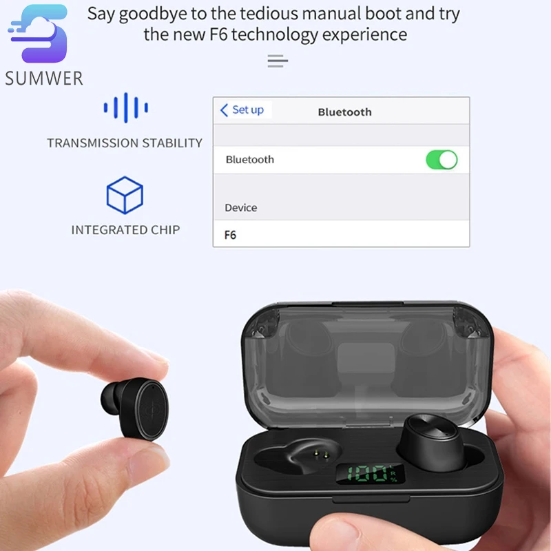 F6 5 0 Bluetooth гарнитура 2000 мАч в наушниках Светодиодный дисплей питания tws