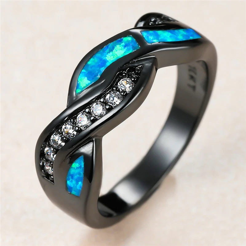 

Cute Female Blue Opal Stone Ring Charm 14KT Black Gold Wedding Rings For Women Luxury Bride Crystal Infinity Engagement Ring