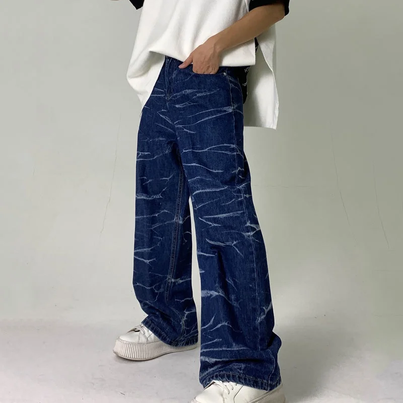 Men Print Wide Leg Jeans Autumn Loose Long Denim Pants Male Trousers Casual Streetwear Vintage Straight Pant Man