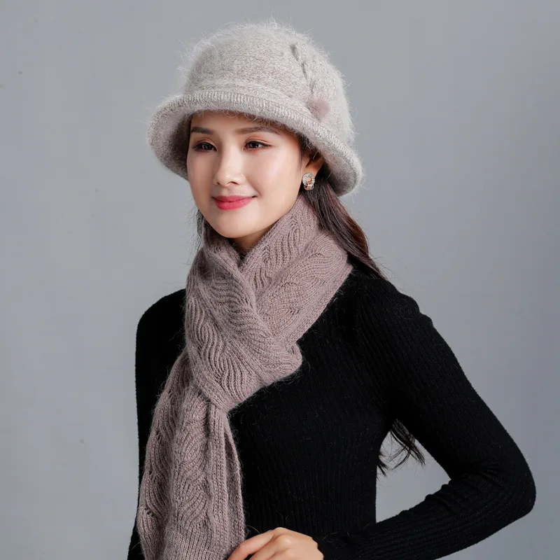 khaki set 2 Новая зимняя женская шапка из кроличьего меха, шарф, набор, теплая шерстяная вязанная плюшевая наборы шарф шапка, вязаная шапка, шапка для мамы, подарки, твист, флисовая шаль - Цвет: khaki set 2