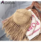 Богемные круглые длинные Соломенные Сумочки с кисточками для женщин, плетеная Сумка через плечо, маленькие летние пляжные Балийские клатчи на плечо