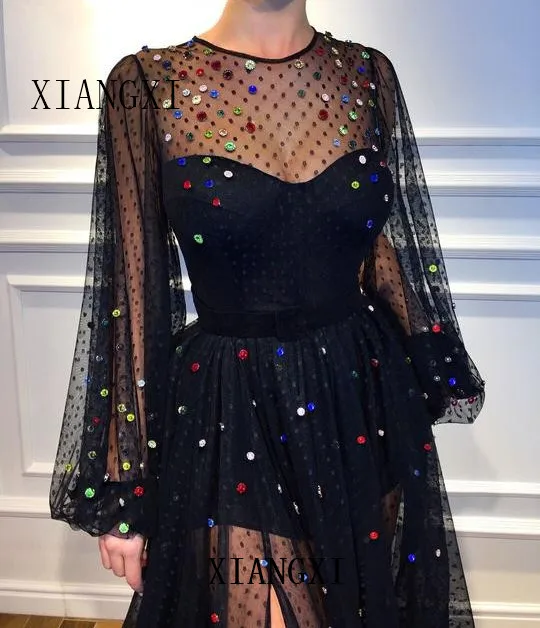 

Robes de soirée musulmanes noires 2020 a-ligne manches longues cristaux de Tulle islamique dubaï saoudien arabe longue robe de s