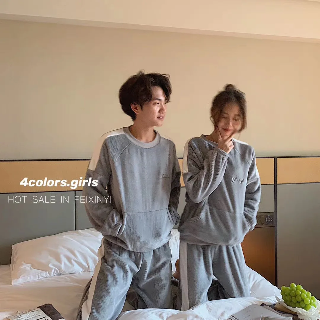

Couple's Pajamas Spring Autumn Coral Velvet Men's Thickened Plush Flannel Women's Housewear Set Female Pyjamas Couple Clothes