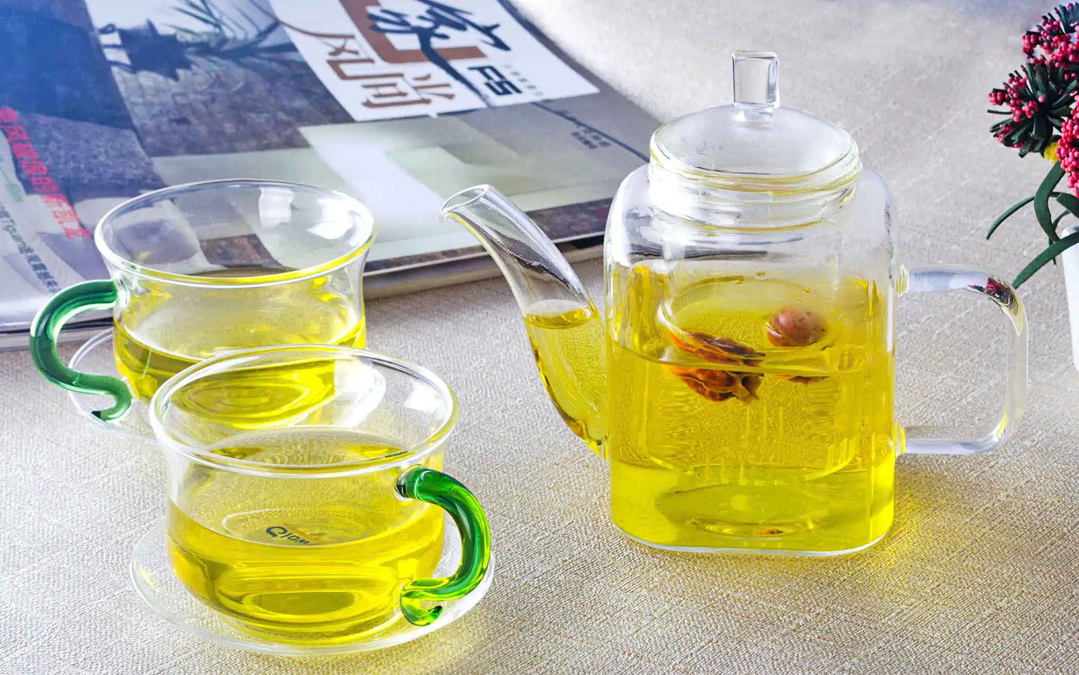 1x Стекло чайный набор кунг фу 375 мл квадратная чай горшок + 2*140 Зеленый S ручка Кофе