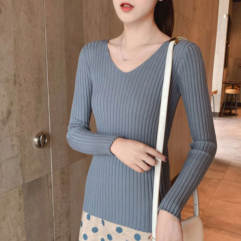 

Office Lady V-neck Solid Autumn Winter Sweater Pullover Women Knitted Top Slim Long Sleeve Sweaters Hot