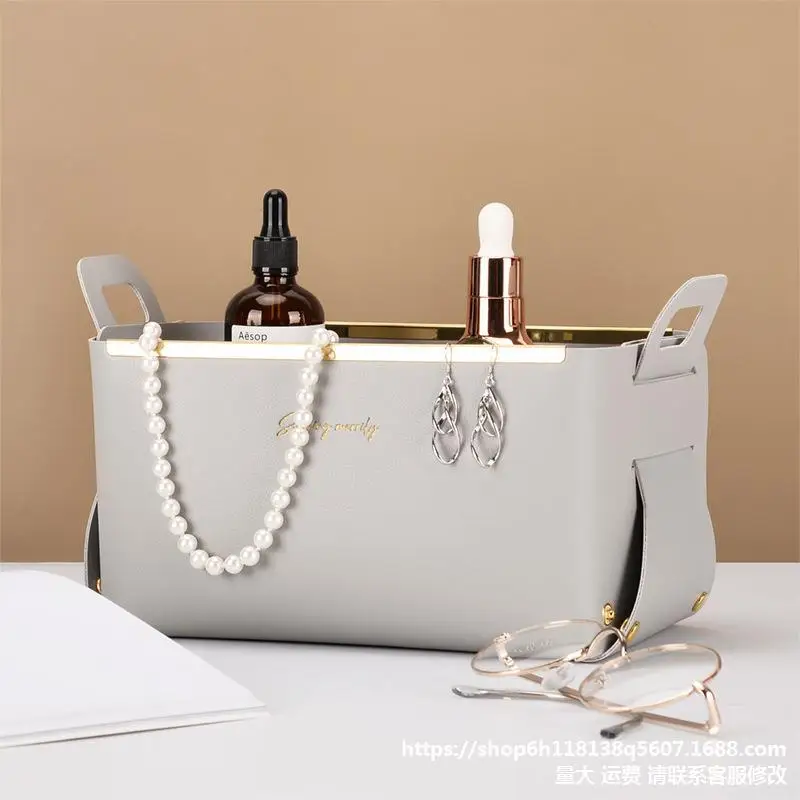 

Leather creative storage basket household large cosmetic drawer living room bedroom storage box desktop folding storage
