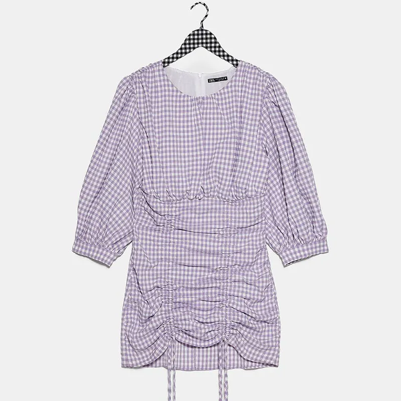 

round neck puff sleeves three quarter sleeves pullover high waist pleated drawstring mini length dress U331