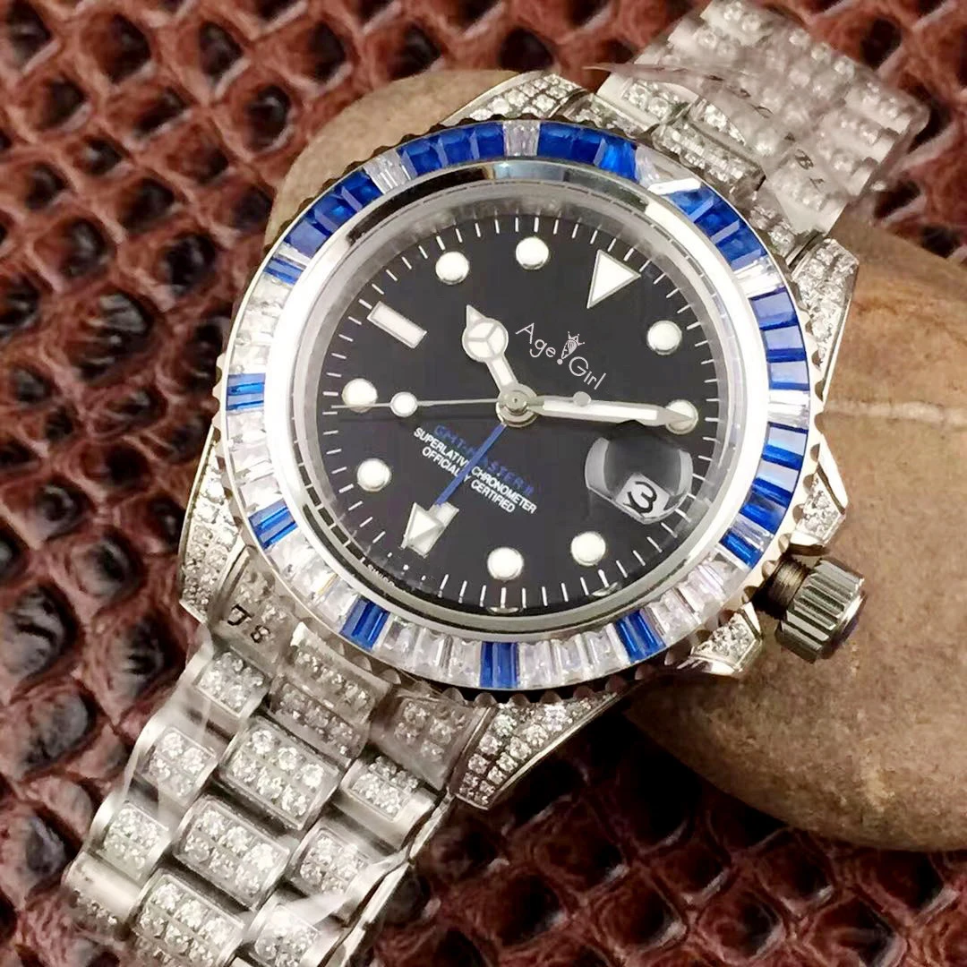 

Classic New Men Silver Red Blue Bezel Full Diamonds Watch Automatic Mechanical Stainless Steel Sapphire Glass GMT Watches