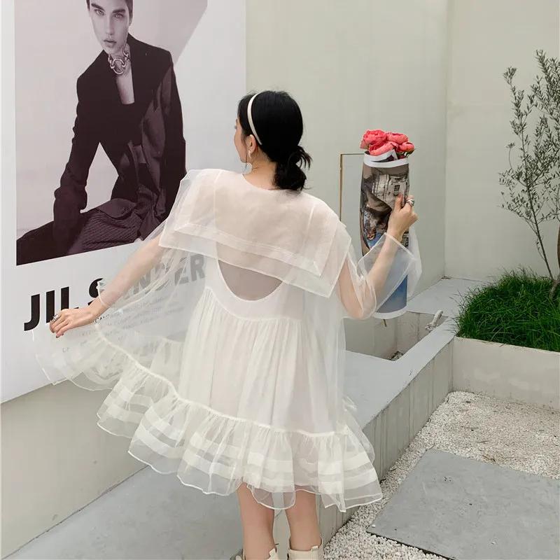 

Women Summer White Gauze Spliced Loose Dress Female Vintage Designed Elegant Dresses Ladies Brand Solid Color Mini Vestidos ML85