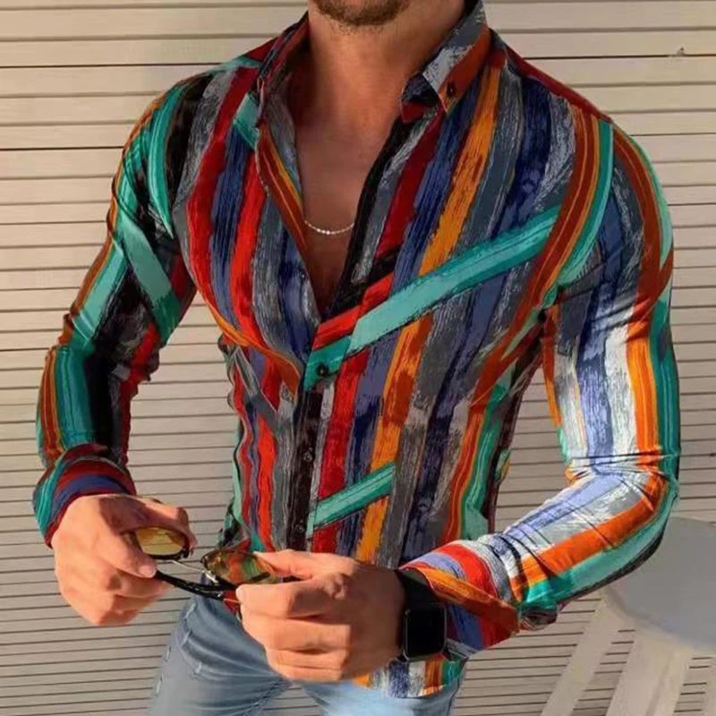 Новейшая Мужская мода полосатый цветной принт Slim Fit Shits Social бизнес нагрудные кнопки с длинным рукавом мужская блузка осенняя одежда