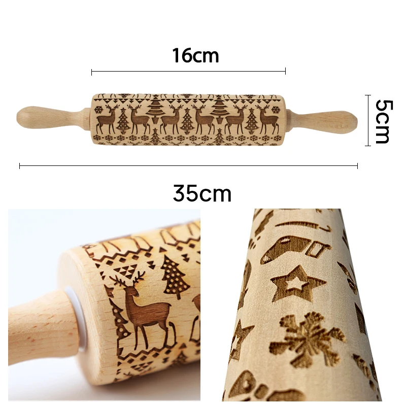 

Christmas Wood Embossing Rolling Pin Fondant Dough Vintage Pattern Engraved Roller Stick Baking Pastry Tool Baking Accessories