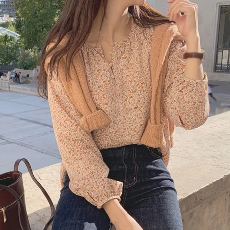 

Women Blouses Floral Print Chiffon Shirts O-Neck Tops Sweet Blouse Long Sleeve Girl Fall Outfit Casual Tops