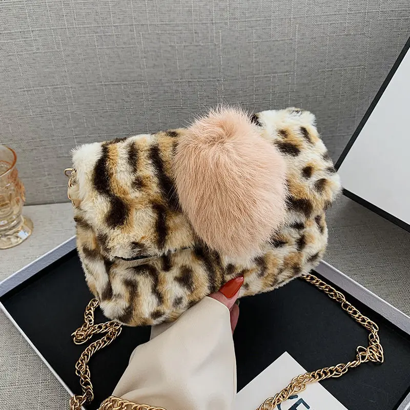 

Soft Plush Women Chain Crossbody Bags Leopard Pattern Furry Ladies Small Shoulder Bag Luxury Leather Female Clutch Purse Handbag
