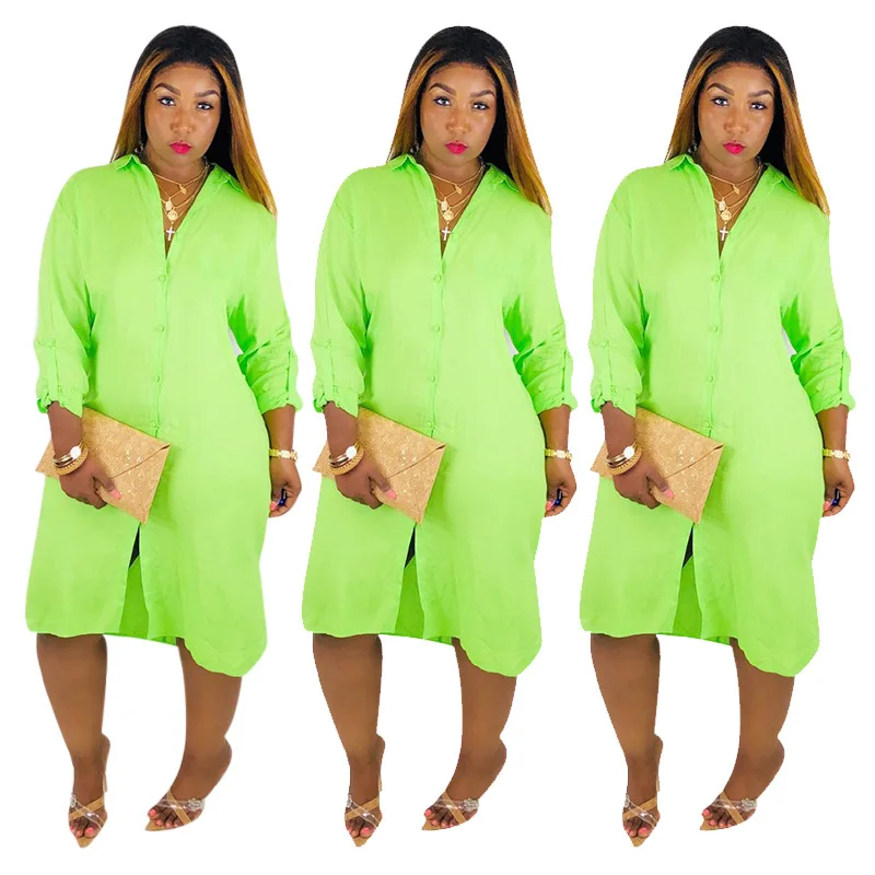 Summer Women's Solid Color Sexy Long Sleeve Lapel Casual Buttoned Open Back Split Front Short Maxi Green Dress | Женская одежда