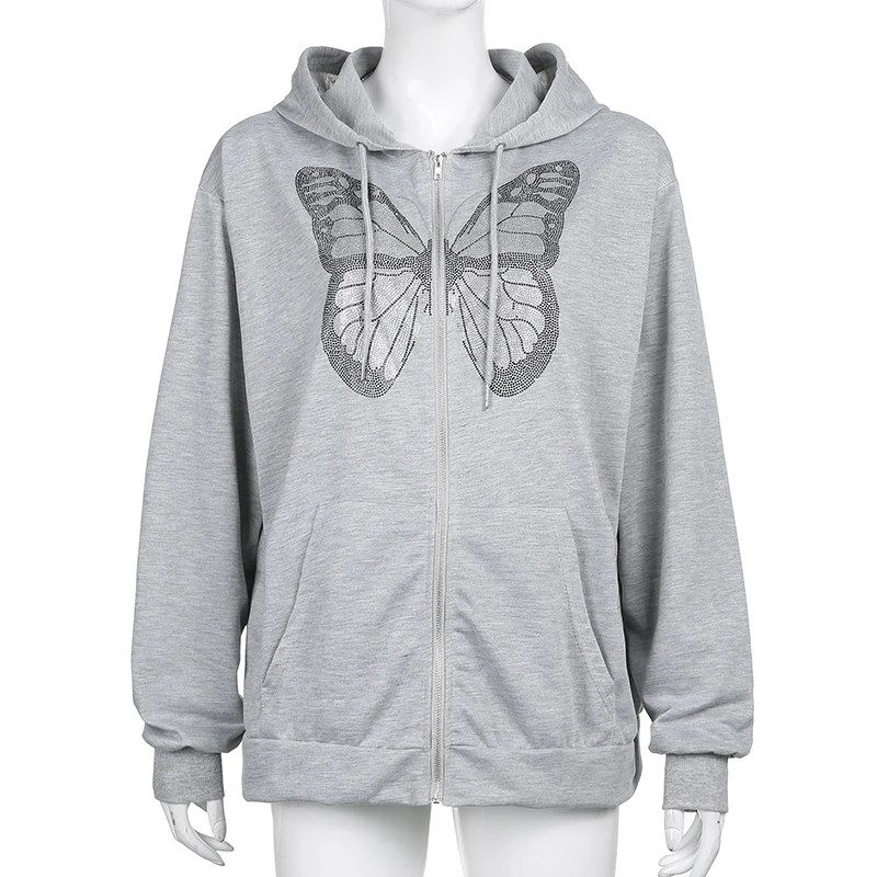 ZZSYKD Women Hip Hop Streetwear Hoodies Jacket Butterfly Print Sweatshirt Coat Harajuku Y2k Clothes Punk Zipper Hooded Outwear