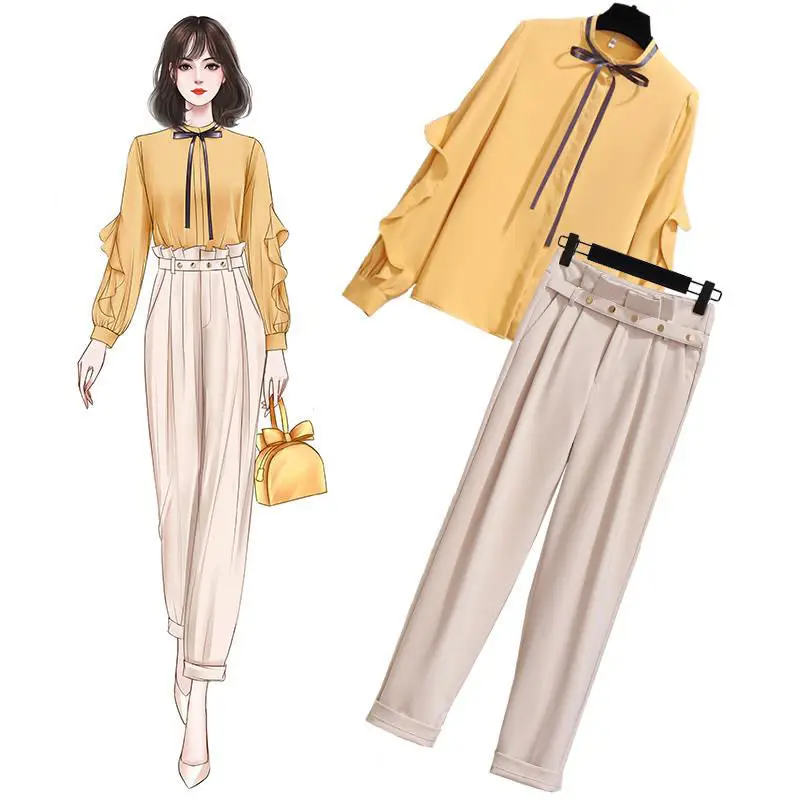 

Set women's spring dress 2021 new fashion two-piece pants Bow High Street Summer WOMEN Cotton Full