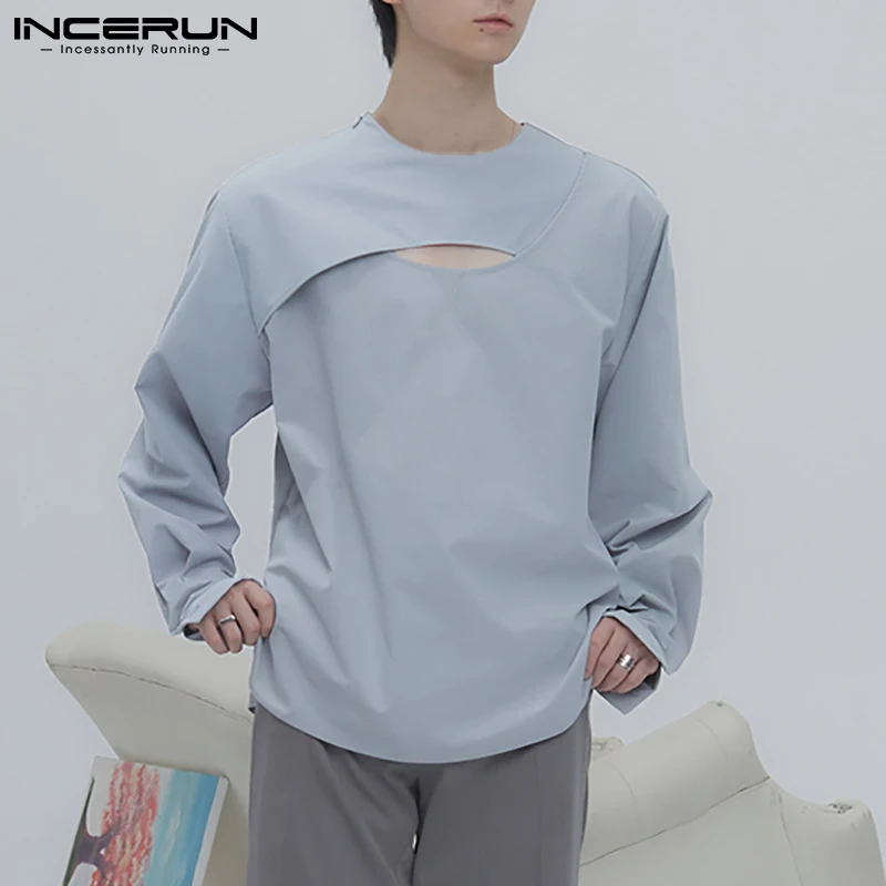 

Мужская рубашка с длинным рукавом, с вырезами, 2021, индивидуальная дышащая рубашка, уличная одежда, однотонная, повседневная, Camisas Hombre 5XL, INCERUN 7