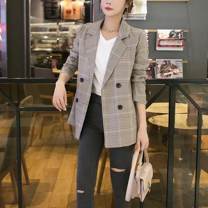 

Casual Plaid Notched Collar Women Blazer Jacket Chic Double Breasted Full Sleeve Female Jackets Outerwear 2021 Elegant Workwear