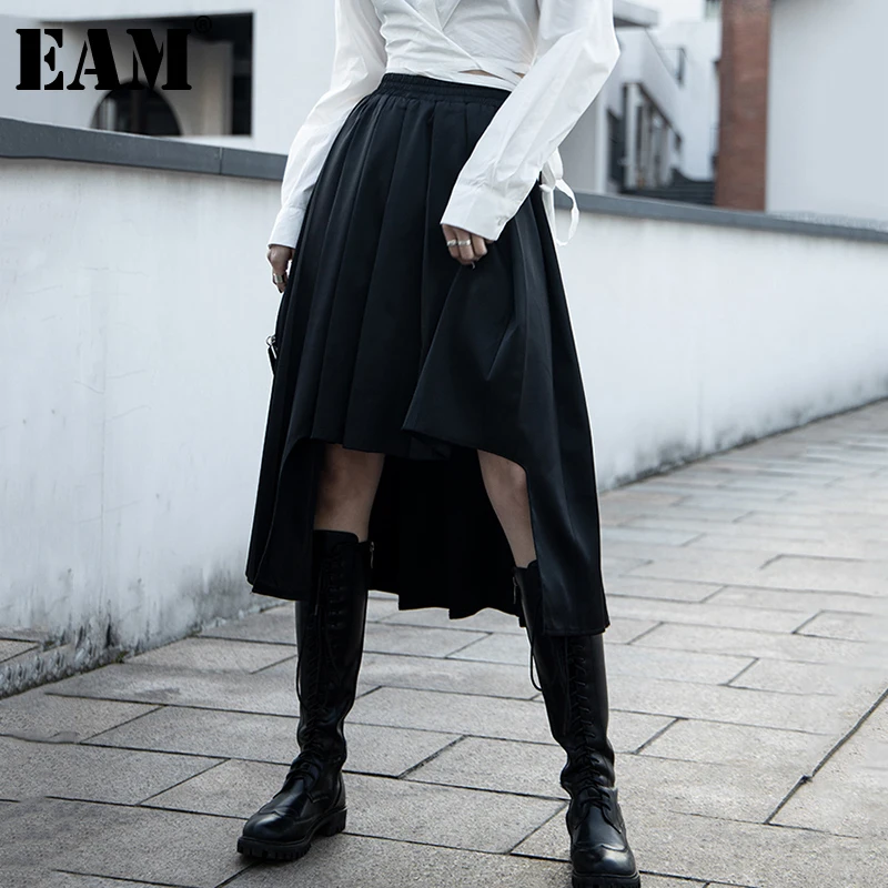 

[EAM] черная Повседневная Асимметричная плиссированная длинная юбка с высокой эластичной талией на спине, женская модная весенне-летняя 2022 ...