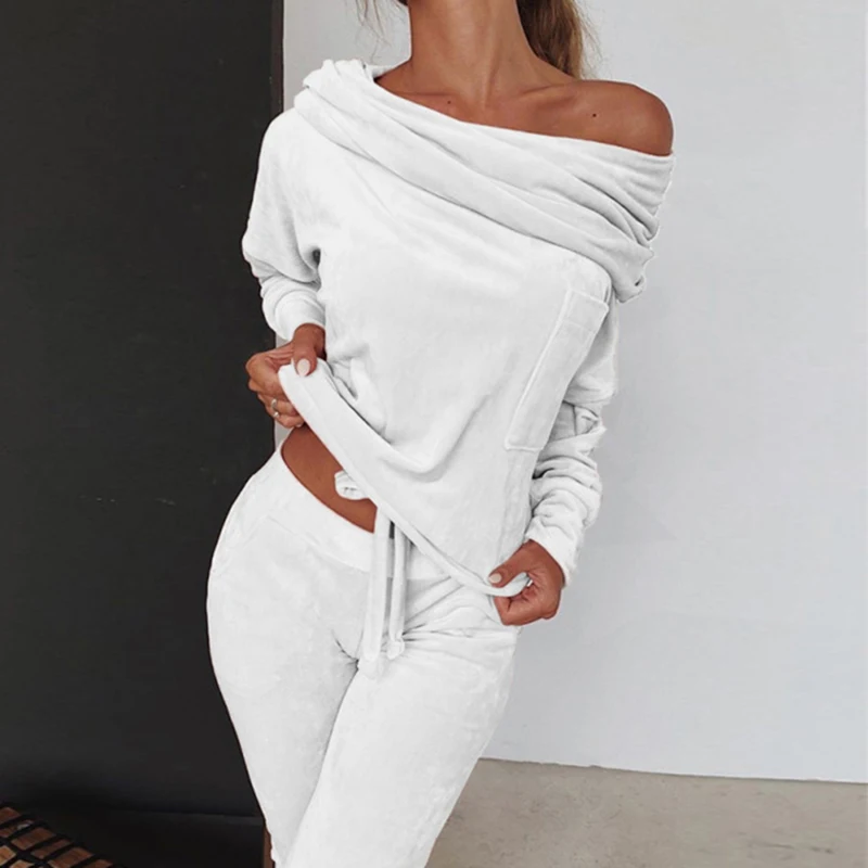 

Soft Velvet Women's Sets Slash Neck Top Slim Long Pants Autumn Winter Warm Tracksuits Female Casual Two Piece Sets Outfits GV961