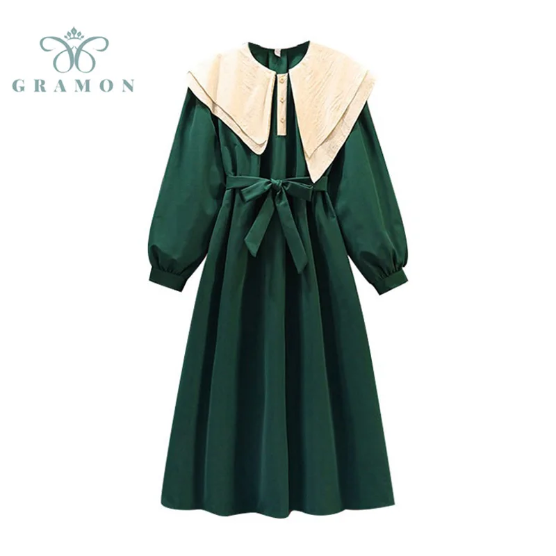 

Peter Pan Collar Dress For Women 2021 Autumn Vintage Oversize Loose Midi Vestidos Korean Fashion Long Sleeve Party Dress Clothes