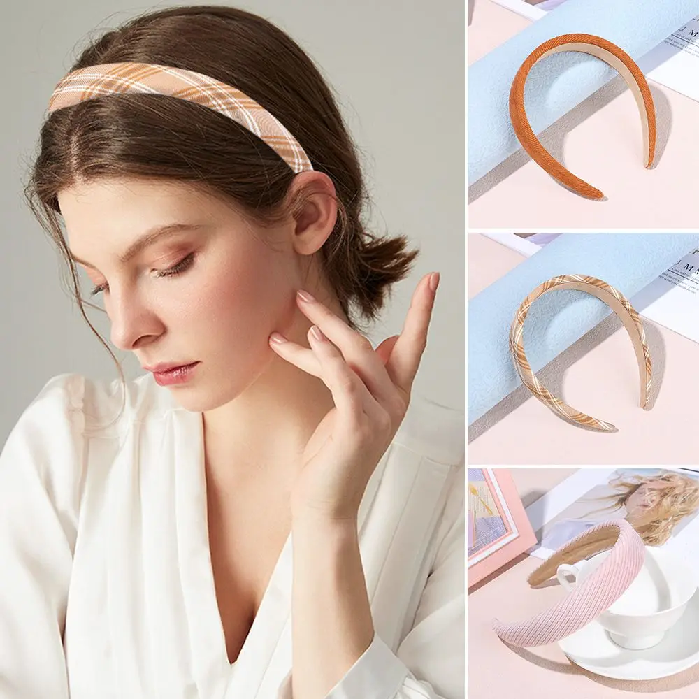 

Pressed Headwear Corduroy Headband Girl Earth Color Plaid Hairpin Broad-brimmed Hair Band Retro
